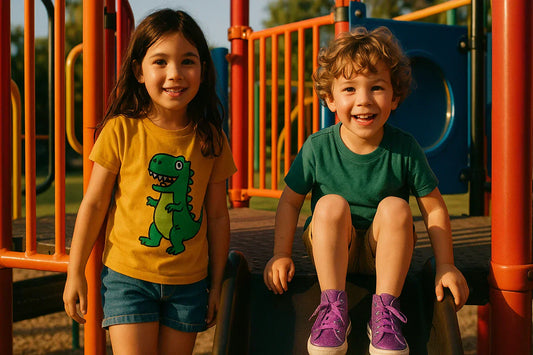 Kids wearing dinosaur shirt and purple sparkly sneakers show gender-neutral style