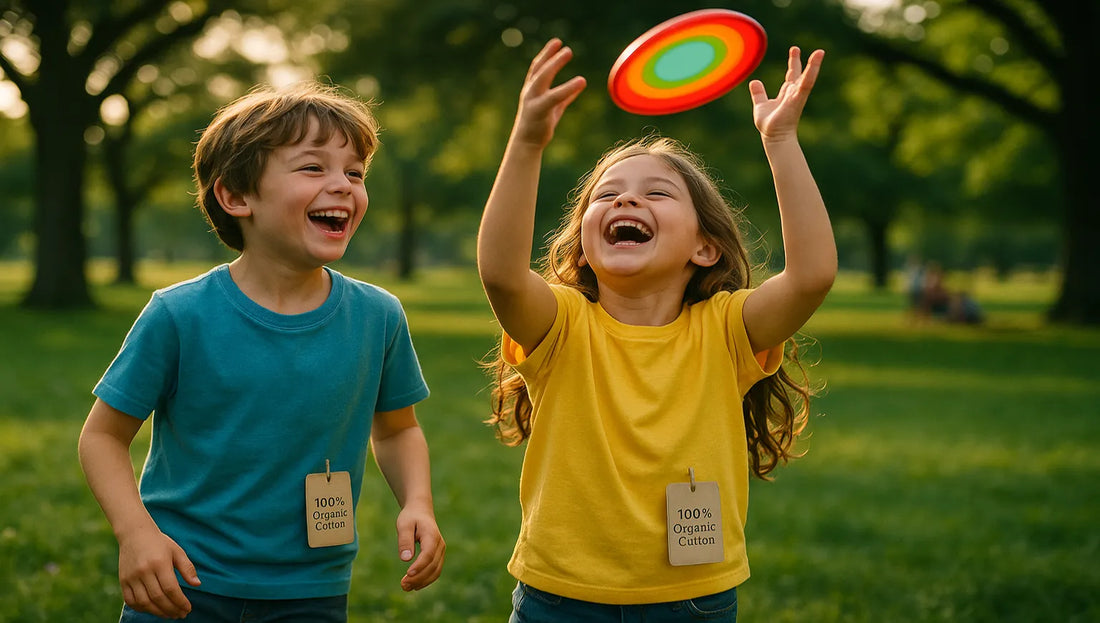 Children wearing organic cotton play clothes in park, eco‑friendly tags visible